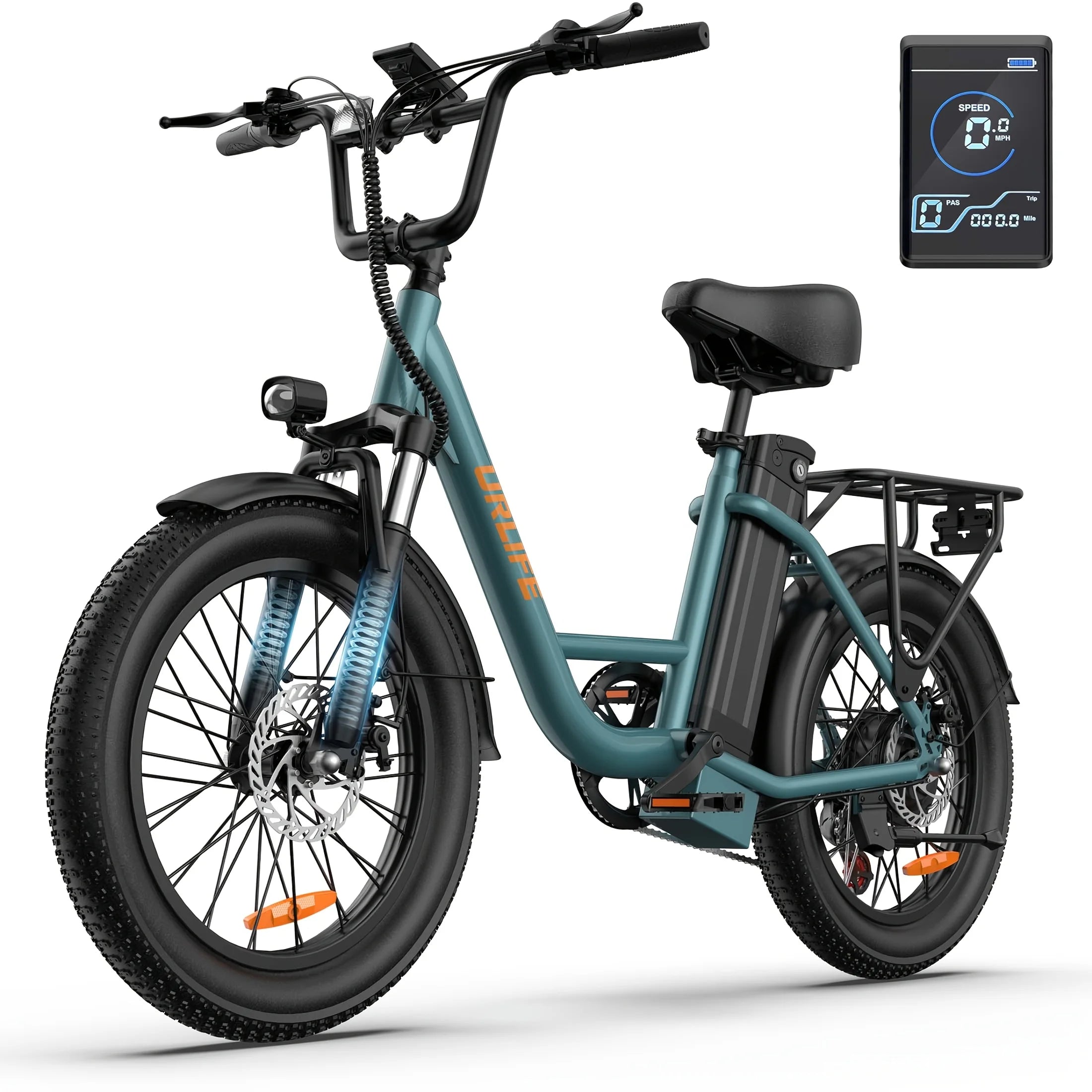 Electric bike URLIFE E20 Peak 1000W, removable battery 48V 13Ah, top speed 45 km/h, wide tires 20 ''x 3'', 7 speeds, double disc brakes, suburban Electric bike.