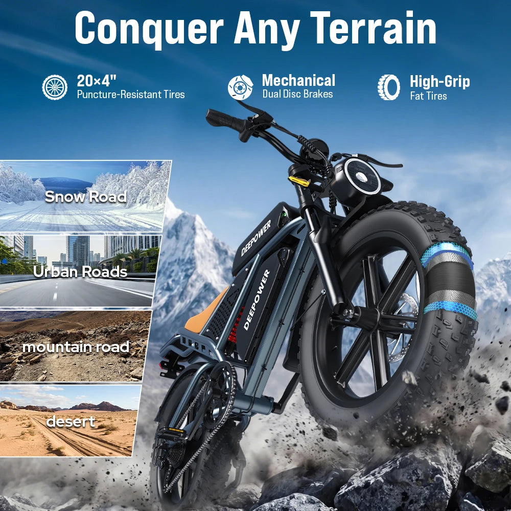 DEEPOWER S7 20" Electric Bike for Comuting, 200km Range, 250W, 48V 20Ah Battery, Speed 25 km/h, 7 Gears, Disc Brakes E-bike, Electric bicycles for food delivery
