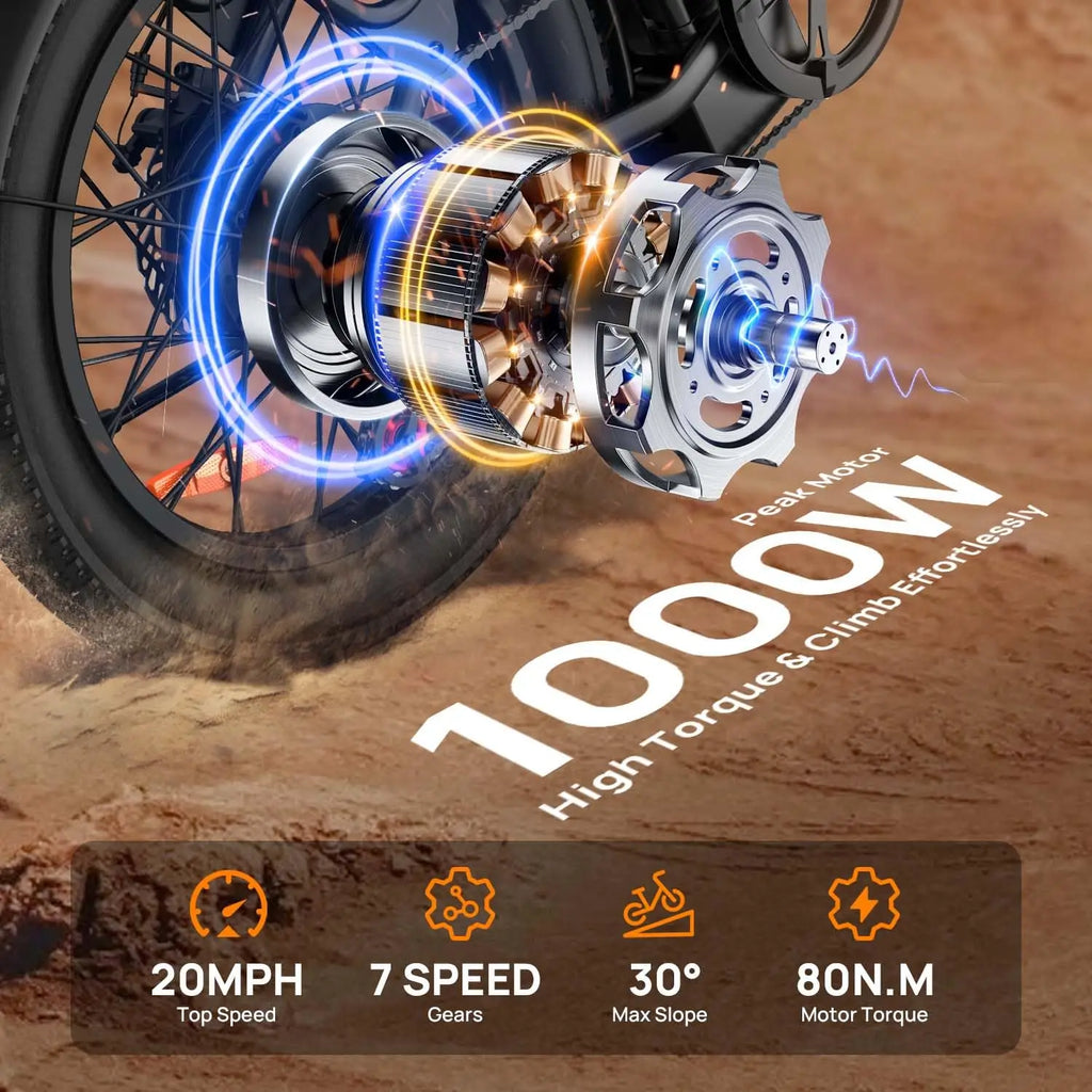 Electric bike URLIFE E20 Peak 1000W, removable battery 48V 13Ah, top speed 45 km/h, wide tires 20 ''x 3'', 7 speeds, double disc brakes, suburban Electric bike.