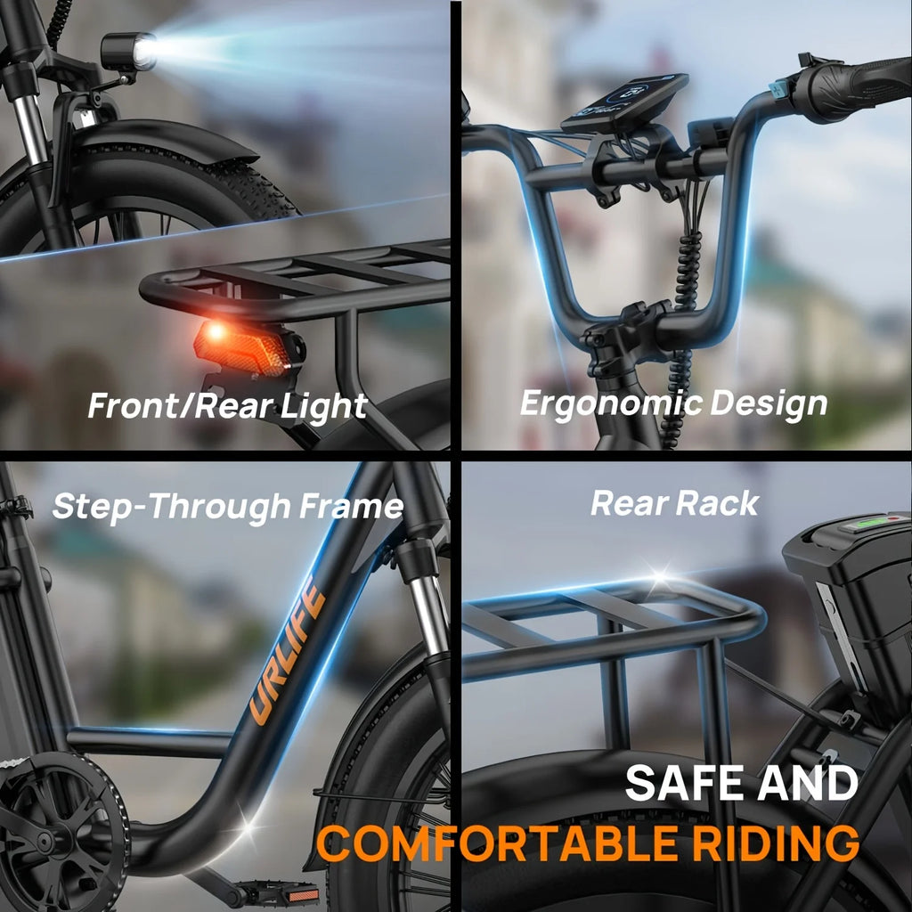 Electric bike URLIFE E20 Peak 1000W, removable battery 48V 13Ah, top speed 45 km/h, wide tires 20 ''x 3'', 7 speeds, double disc brakes, suburban Electric bike.