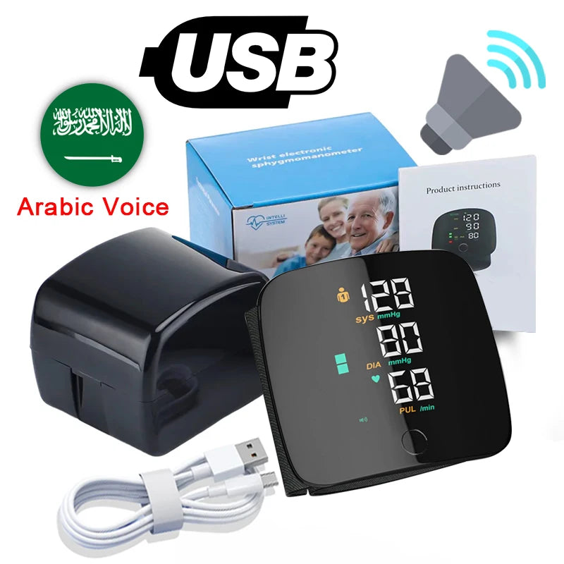 Rechargeable Wrist Blood Pressure Monitor Medical English Voice Digitlal Tensiometro Health Sphygmomanometer Tonometer