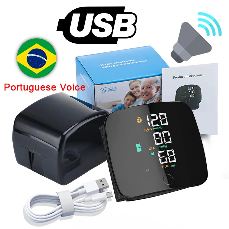 Rechargeable Wrist Blood Pressure Monitor Medical English Voice Digitlal Tensiometro Health Sphygmomanometer Tonometer
