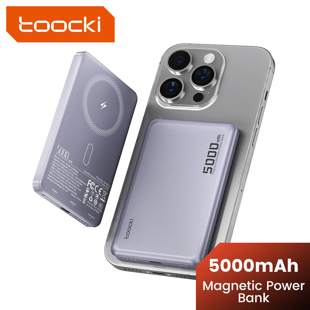 Toocki Magenetic PowerBank 5000mAh 15W Wireless Charging for Magsafe PD 20W Extenal Battery for iPhone 17 16 15 14 13 Pro Max