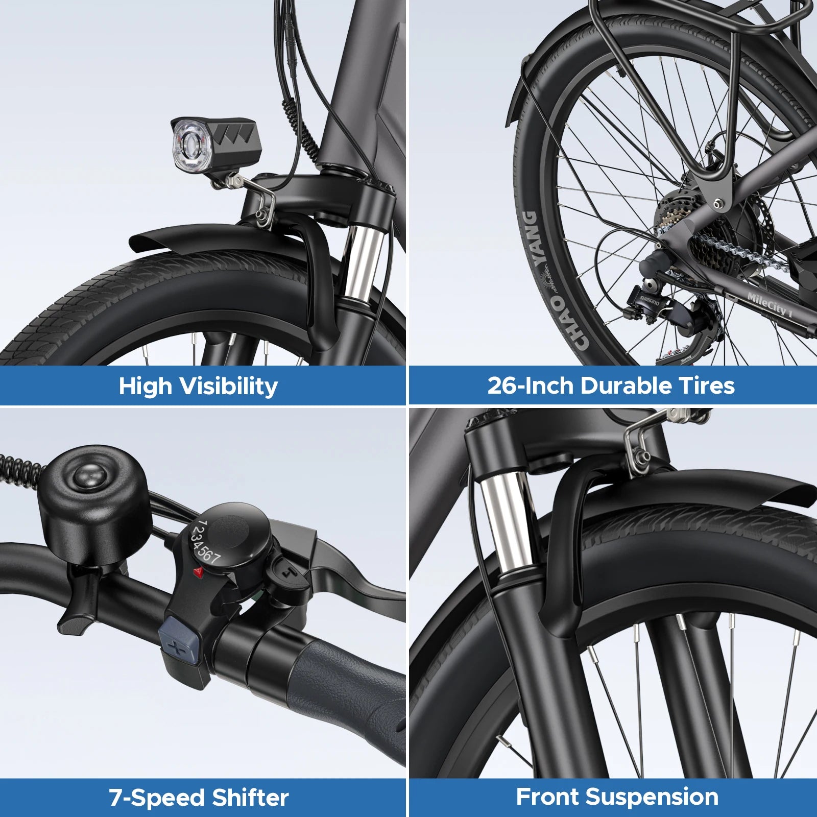Electric bike HillMiles MileCity 1, 26-inch step-through electric bike, E-bike with a range of 120 km, 250W motor, 36V 13Ah battery, 25 km/h top speed, 7-speed gears, disc brakes, electric bike for urban commuting, shipped from Italy