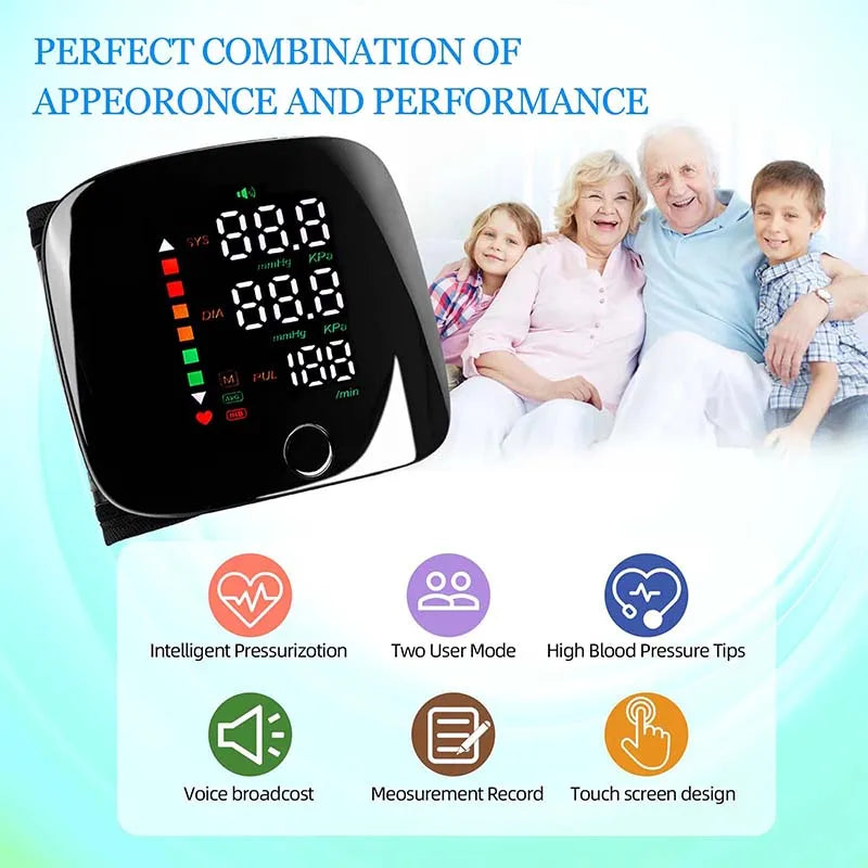 Rechargeable Wrist Blood Pressure Monitor Medical English Voice Digitlal Tensiometro Health Sphygmomanometer Tonometer