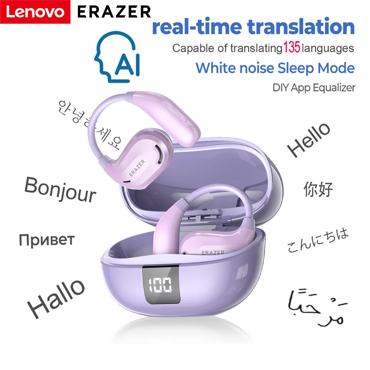 ERAZER XT66PRO Bluetooth Earphones ASMR Headsets DIY APP AI Translator Earbuds Wireless Headphones 13 Hours Long Life Display