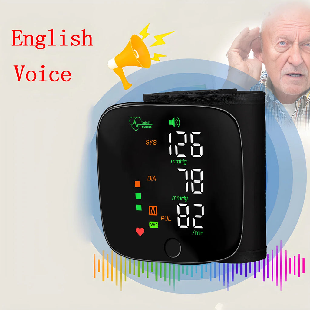 New LED Wrist Blood Pressure Monitor Rechargeable No English Voice Sphygmomanometer Tonometer BP Monitor