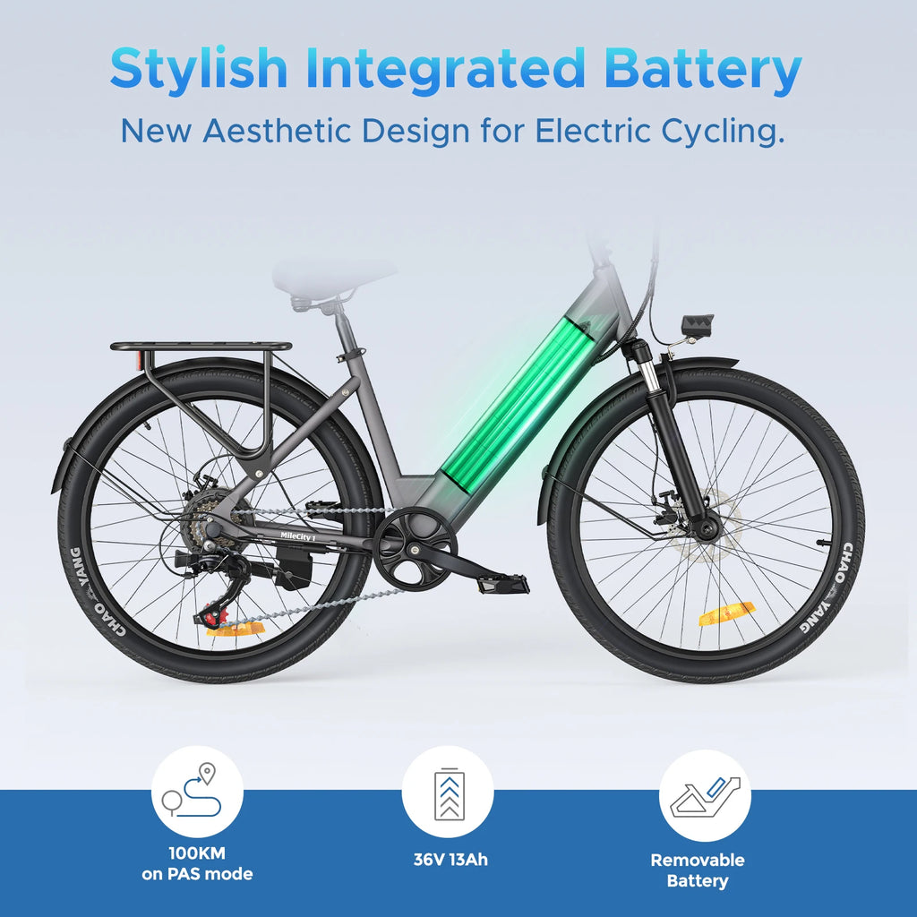 MileCity 1 26-Inch Step-Through Electric Bike, E-Bike with 120km Range, 250W Motor, 36V 13Ah Battery, 25km/h Top Speed, 7-Speed Gear Shift, Disc Brakes, Urban Commuter Electric Bicycle, Shipped from Italy