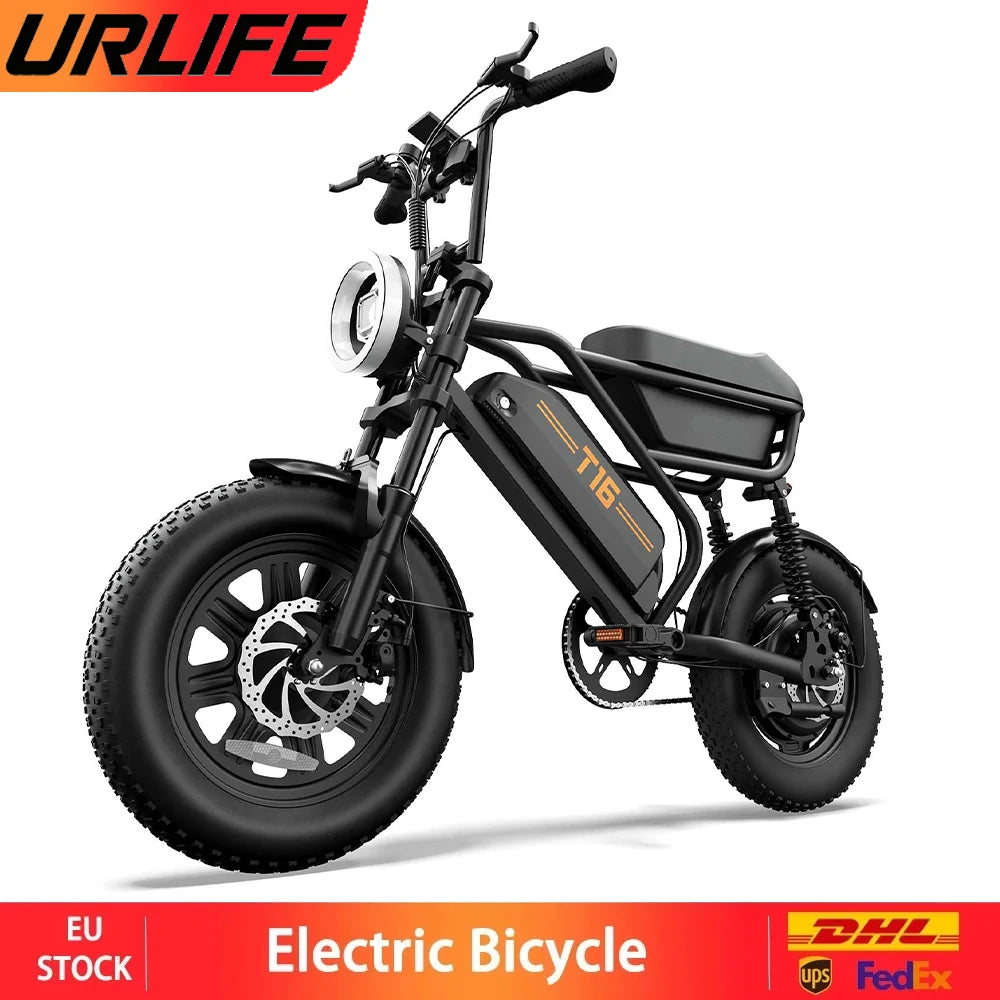 URLIFE T16 Electric Bike 500W 48V 13Ah Adult E-Bike 16×3.0 Fat Tire City Commuter Bicycle with Seat Storage Box