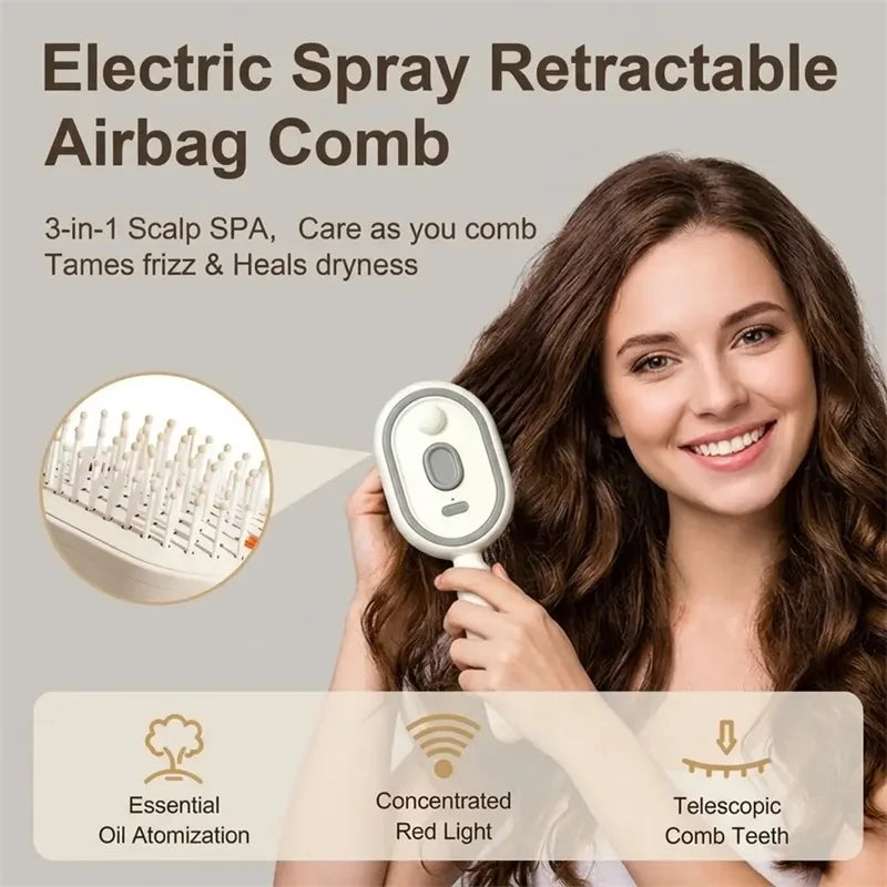 Electric Hair Brush for Anti-Frizz Detangling with Spray, Red Light Therapy & Retractable Teeth – Scalp Massage, Wet & Dry Use