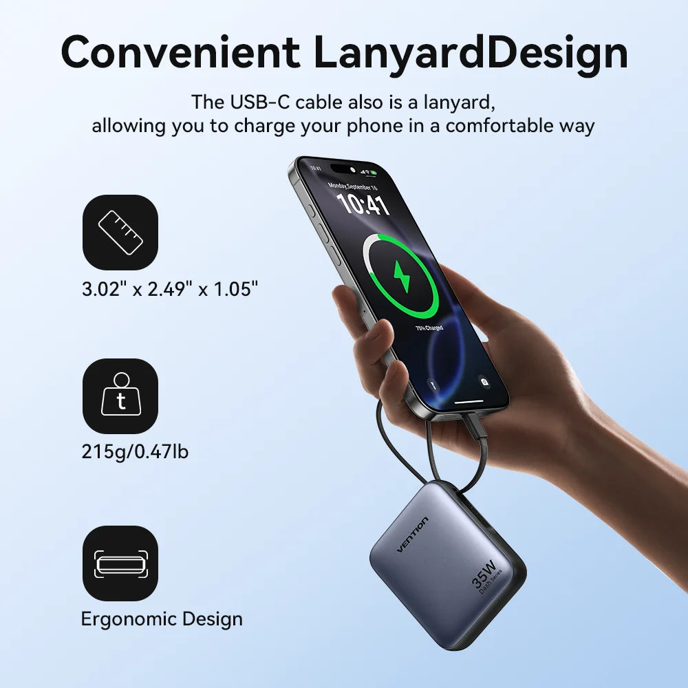 Vention 35W Mini Power Bank PD Fast Charge 10000mAh Portable PowerBank for iPhone 17 16 Pro Samsung S25 External Battery Charger