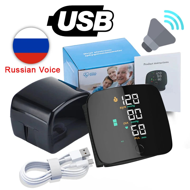 Rechargeable Wrist Blood Pressure Monitor Medical English Voice Digitlal Tensiometro Health Sphygmomanometer Tonometer