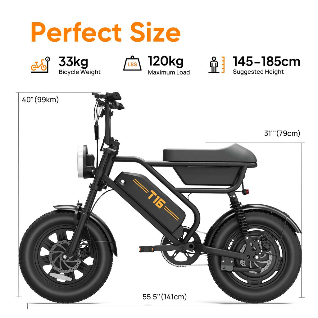 URLIFE T16 Electric Bike 500W 48V 13Ah Adult E-Bike 16×3.0 Fat Tire City Commuter Bicycle with Seat Storage Box