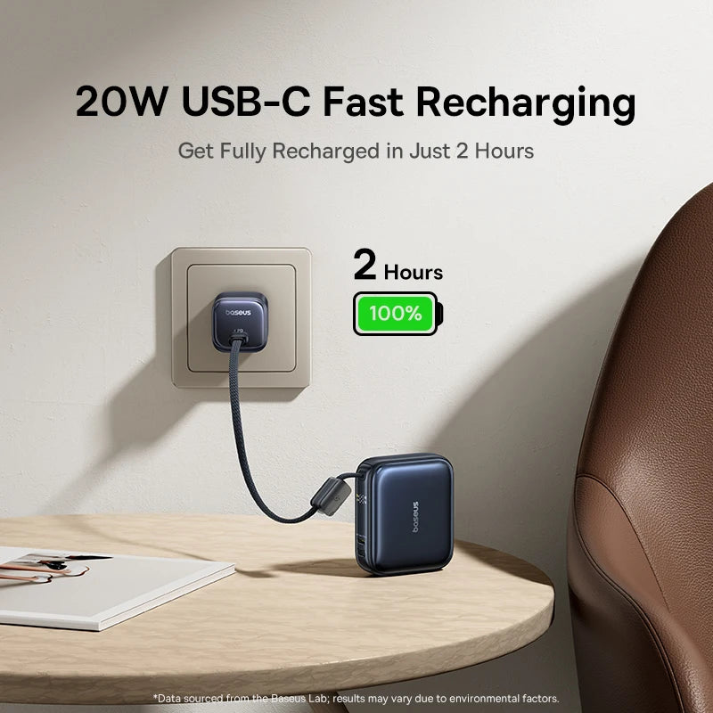 Mini Power Bank 10000mAh Built-In USB-C Cable Pocket-Sized Fast Charger