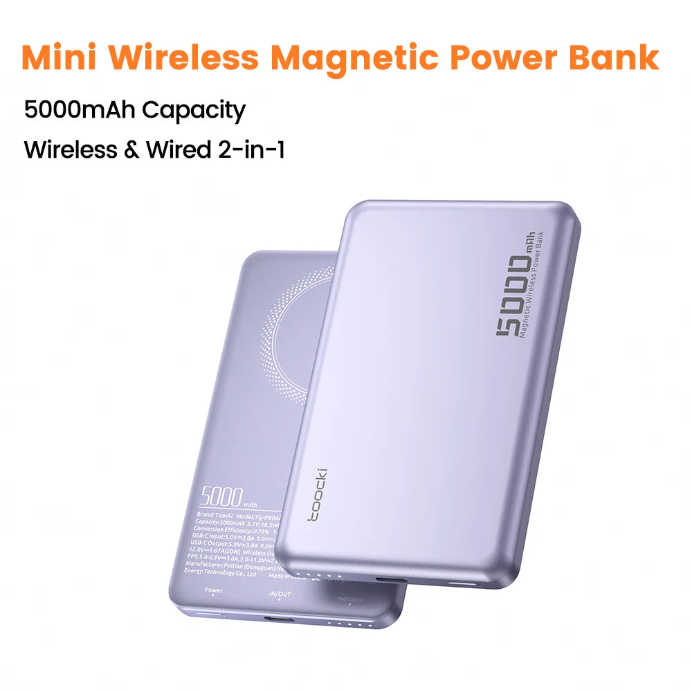 Toocki Magenetic PowerBank 5000mAh 15W Wireless Charging for Magsafe PD 20W Extenal Battery for iPhone 17 16 15 14 13 Pro Max