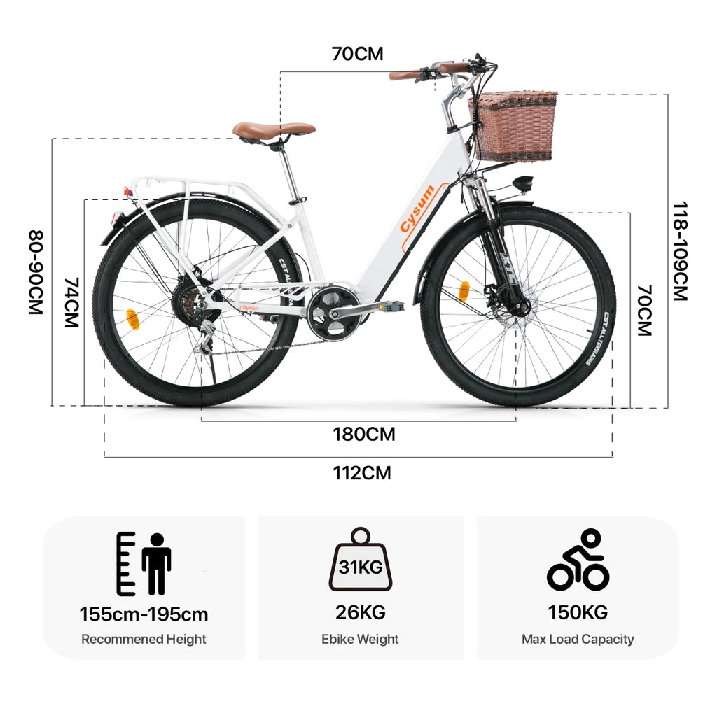 CYSUM Cityrun 26" Commuter Electric Bicycle, City E-bike, Women's Low-profile Electric Bike, 36V 10Ah Non-removable Li-battery, Range 70-90km