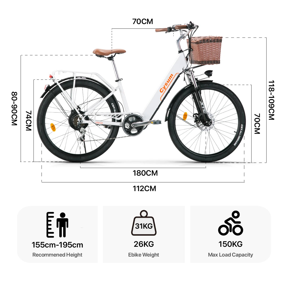 CYSUM Cityrun 26" Commuter Electric Bicycle, City E-bike, Women's Low-profile Electric Bike, 36V 10Ah Non-removable Li-battery, Range 70-90km
