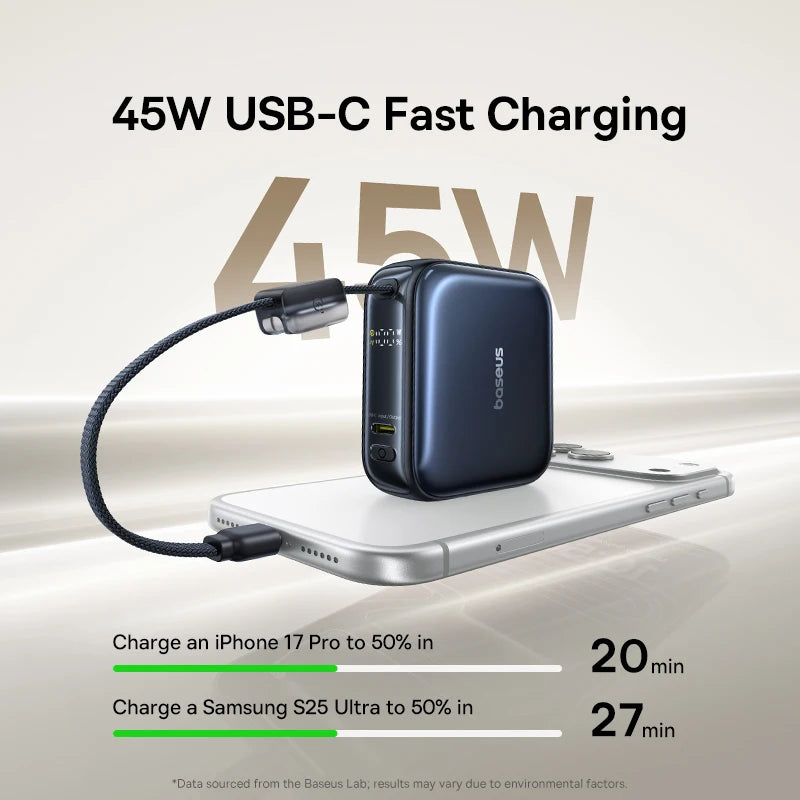 45W 10000mAh Mini Power Bank With Built-In USB-C Cable