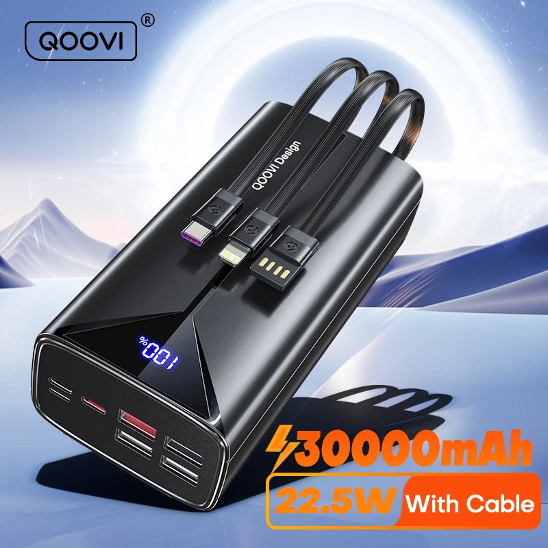 Power Bank 22.5W 30000mah Fast Charging Built-in Cable External Large Battery Portable Charger For iPhone Samsung Xiaomi
